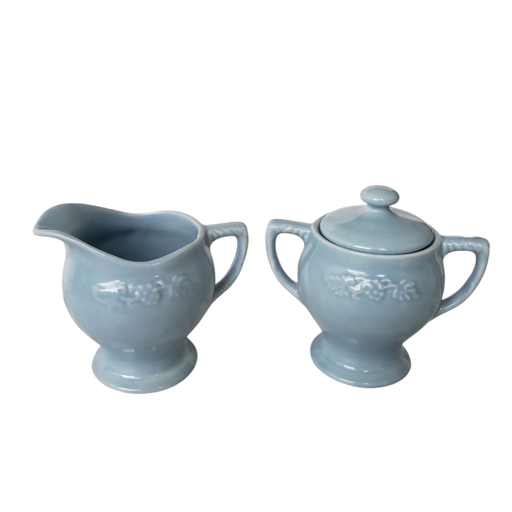 Vintage California Pottery Set Sugar Bowl & Creamer Baby Blue Grape Motif